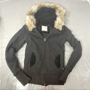 Aerie Warm Hooded Fur Fleece Zip Hoodie Gray XXS